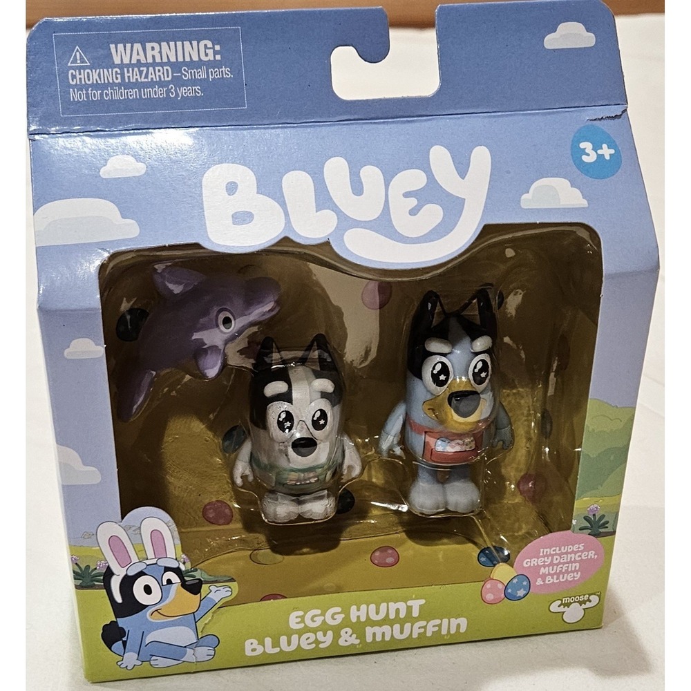 NIB Bluey Egg Hunt Bluey & Muffin Figure Set Moose Toys Easter Bunny Set w/ Box
